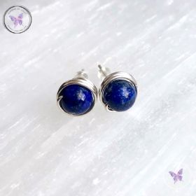 Lapis Lazuli Silver Wire Wrap Stud Earrings